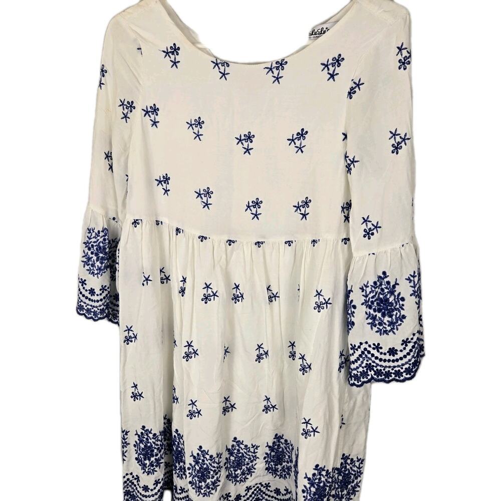 Lulu's Babydoll Dress SMALL White Blue Embroidered Eyelet Bell Sleeve Lined Boho